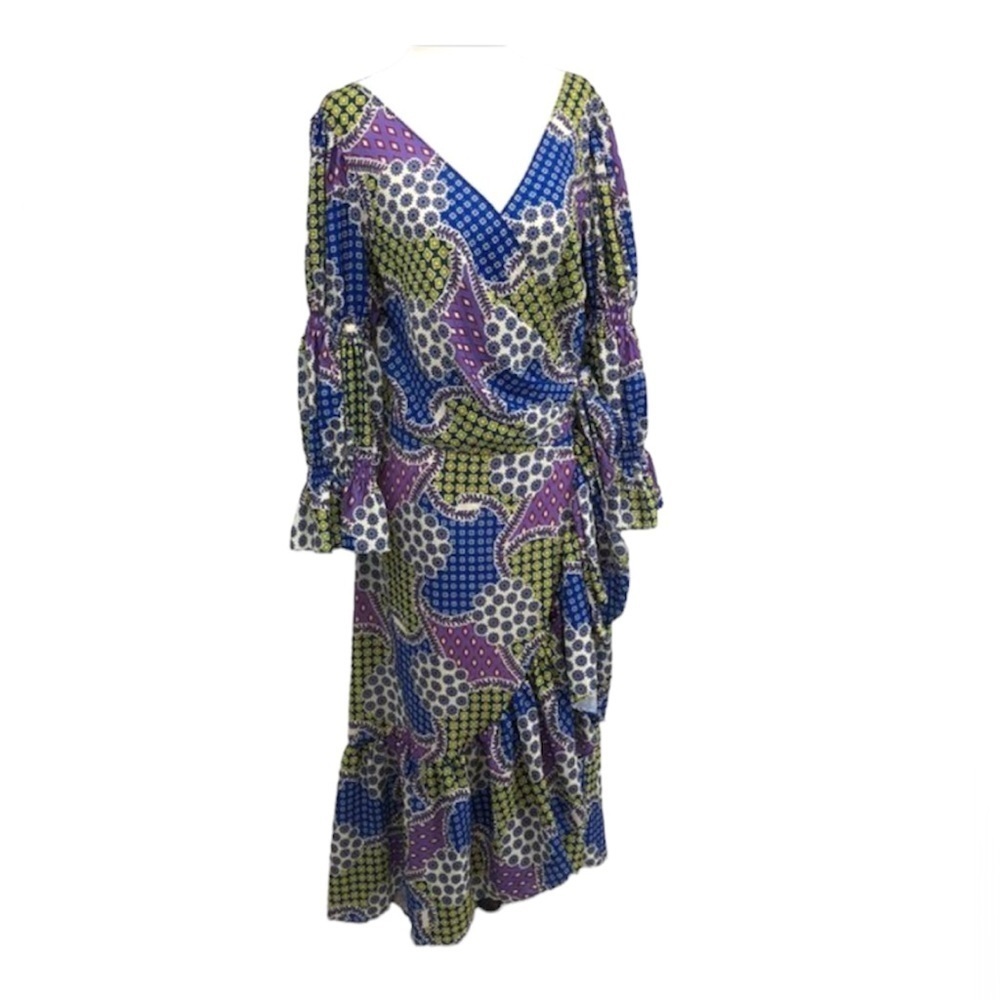 CQ by CQ multicolor geometric patchwork long sleeve ruffle Wrap Maxi dress Lg